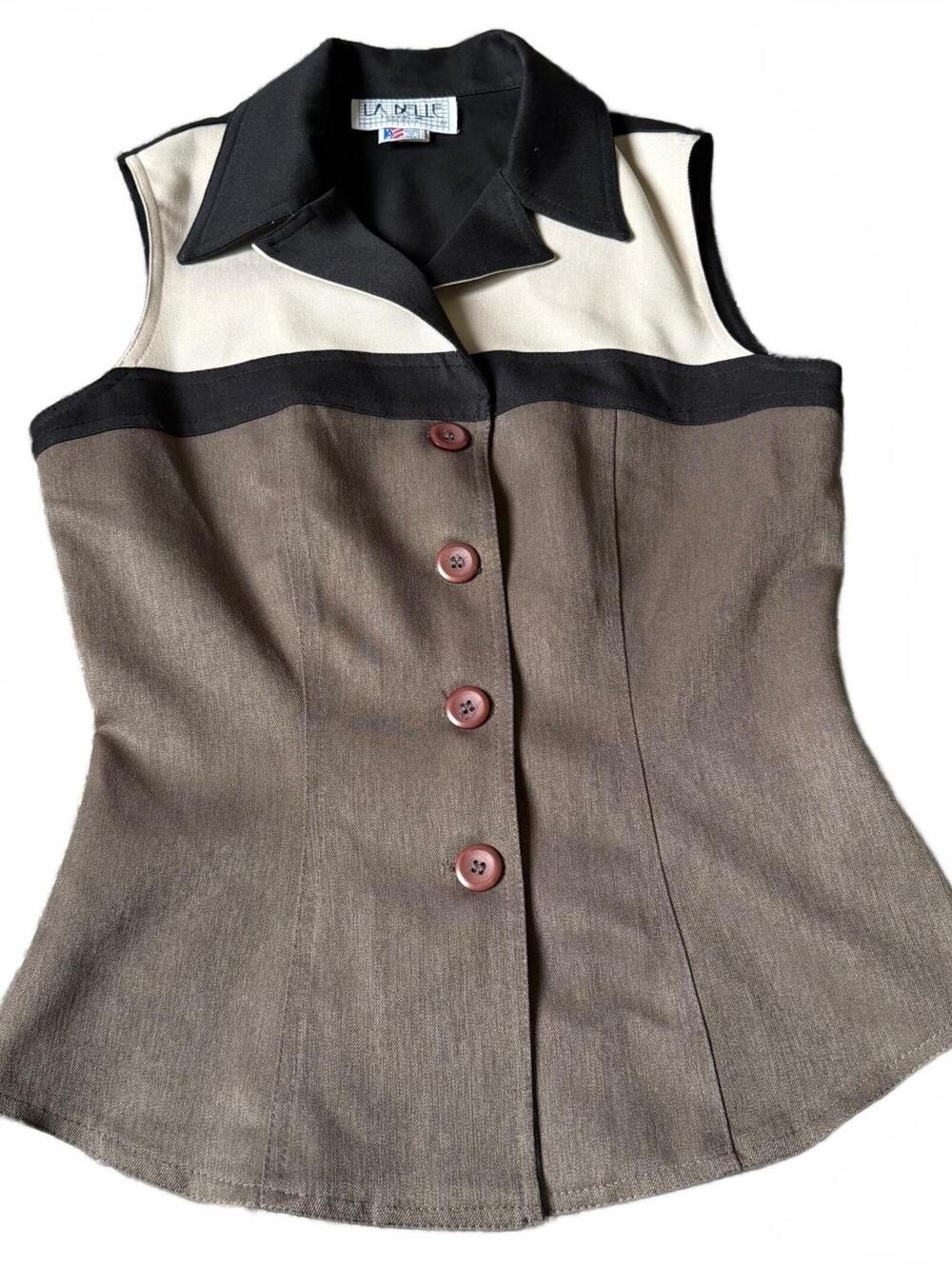Vintage Labelle Fashions Brown Black Colorblock Button Vest Made USA Size Small